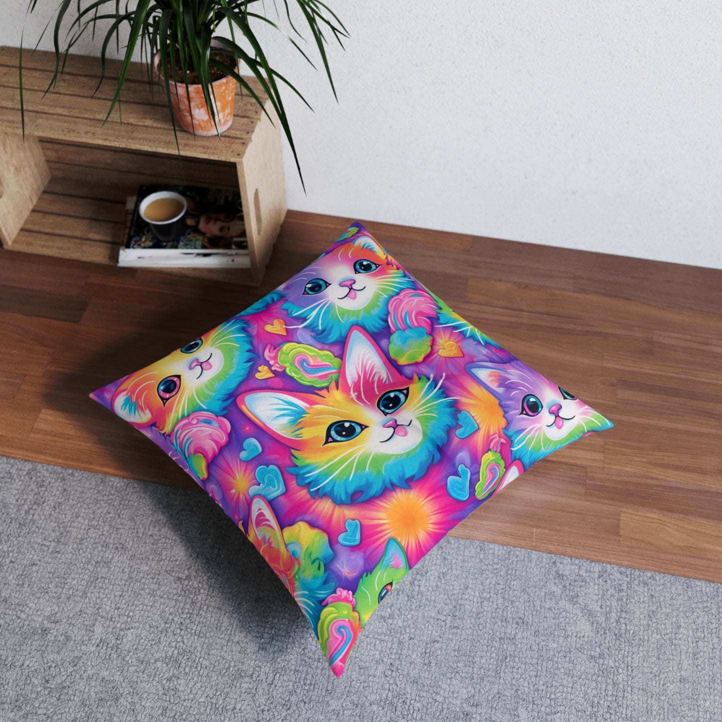 Happy Kitten & Cat Design - Vivid, Colorful & Eye-Catching - Tufted Floor Pillow, Square