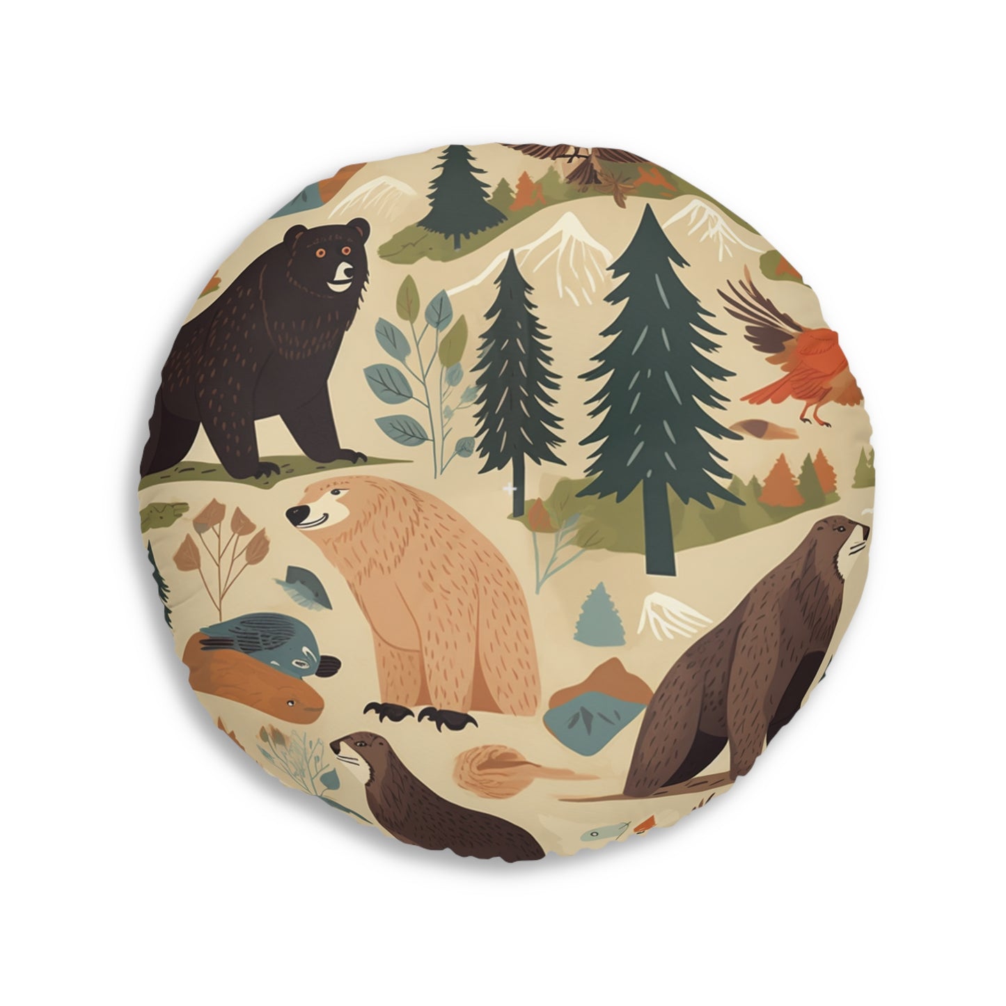 U.S. Wilderness Inspired: Grizzly Bears, Animals Pattern Tufted Floor Pillow, Round