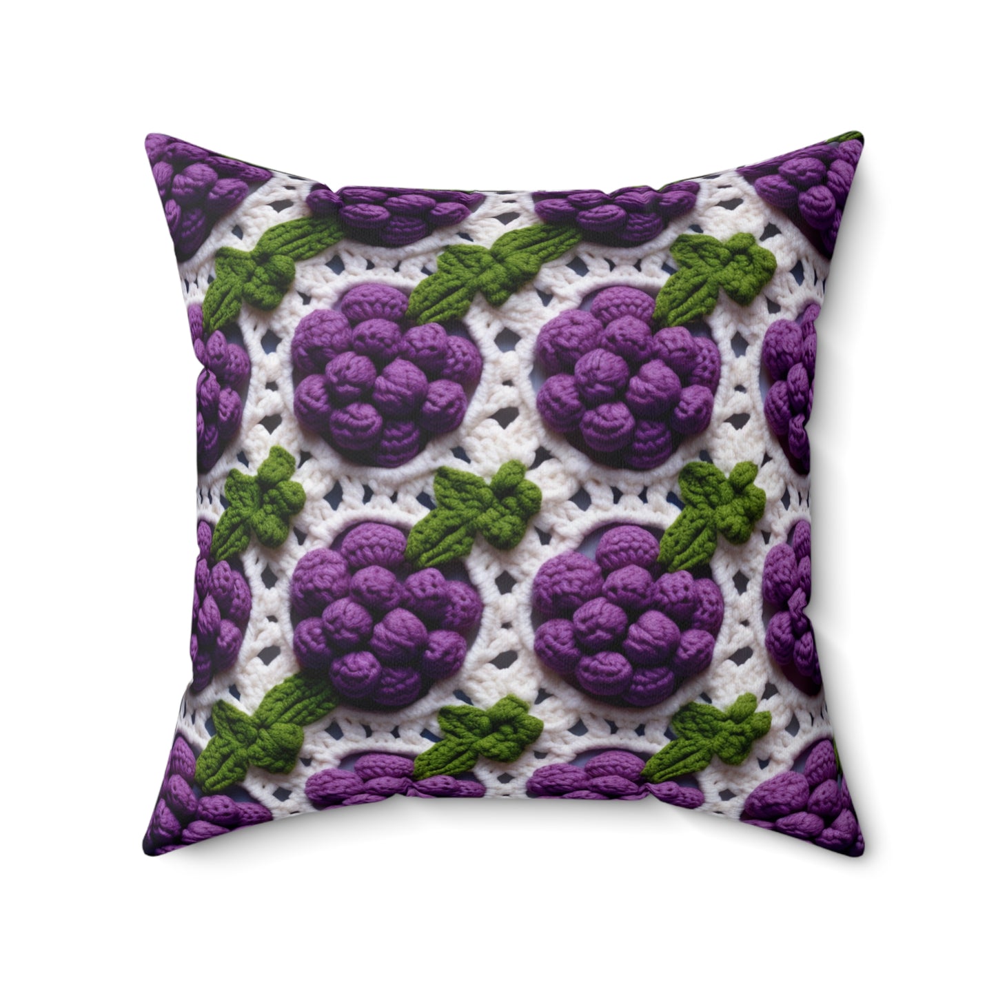 Crochet Grapes Pattern - Granny Square Design - Fresh Fruit Pick - Orchard Purple Snack Food - Spun Polyester Square Pillow