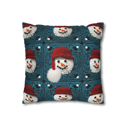 Snowman Crochet Craft, Festive Yuletide Cheer, Winter Wonderland - Spun Polyester Square Pillow Case