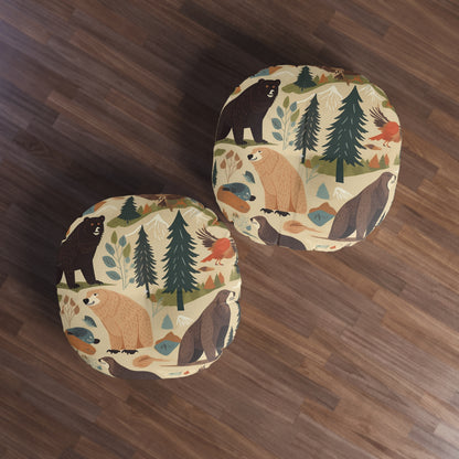 U.S. Wilderness Inspired: Grizzly Bears, Animals Pattern Tufted Floor Pillow, Round