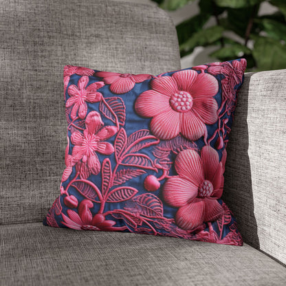 Denim Blue Doll Pink Floral Embroidery Style Fabric Flowers - Spun Polyester Square Pillow Case