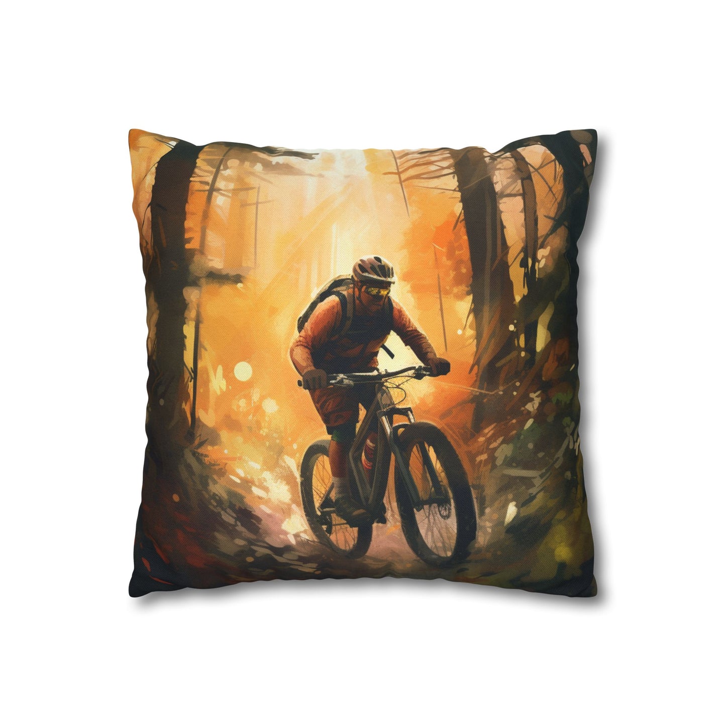 Mountain Bike Adventure - Forest Trail Graphic Spun Polyester Square Pillow Case