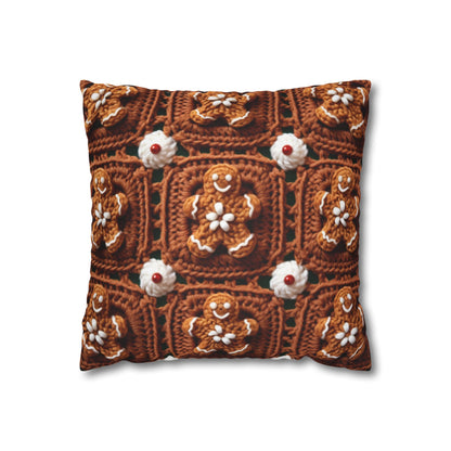 Gingerbread Man Crochet, Classic Christmas Cookie Design, Festive Yuletide Craft. Holiday Decor - Spun Polyester Square Pillow Case