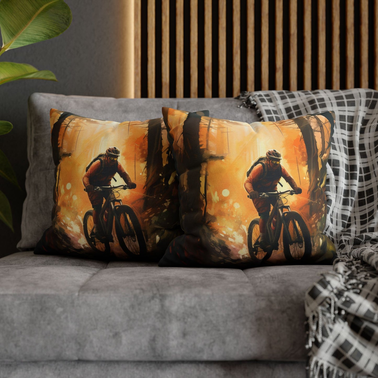 Mountain Bike Adventure - Forest Trail Graphic Spun Polyester Square Pillow Case