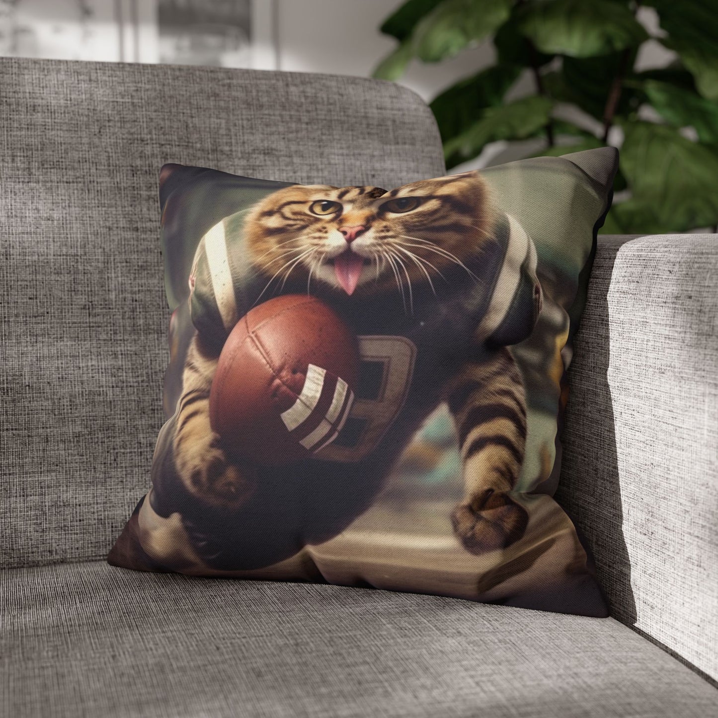 Football Field Felines: Kitty Cats in Sport Tackling Scoring Game Position - Spun Polyester Square Pillow Case