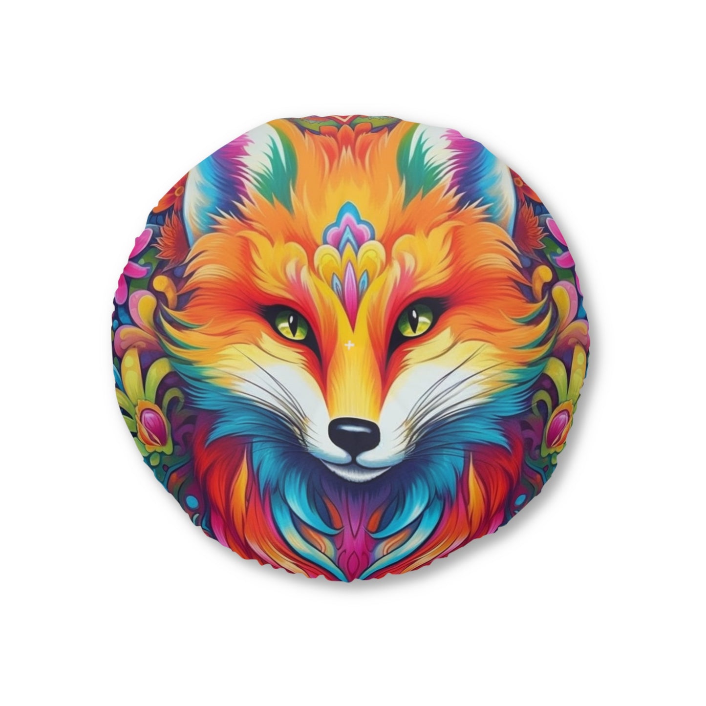 Vibrant & Colorful Fox Design - Unique and Eye-Catching - Tufted Floor Pillow, Round