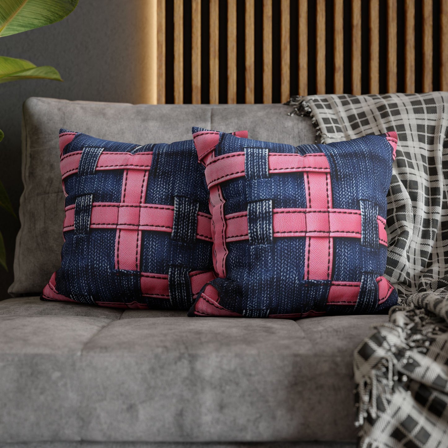 Candy-Striped Crossover: Pink Denim Ribbons Dancing on Blue Stage - Spun Polyester Square Pillow Case