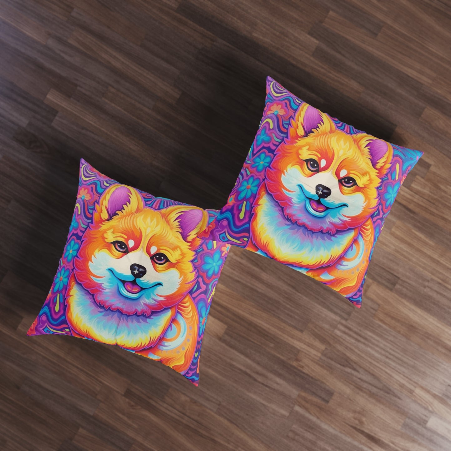 Bright Shiba Inu & Corgi Design - Unique, Vibrant & Eye-Catching - Tufted Floor Pillow, Square