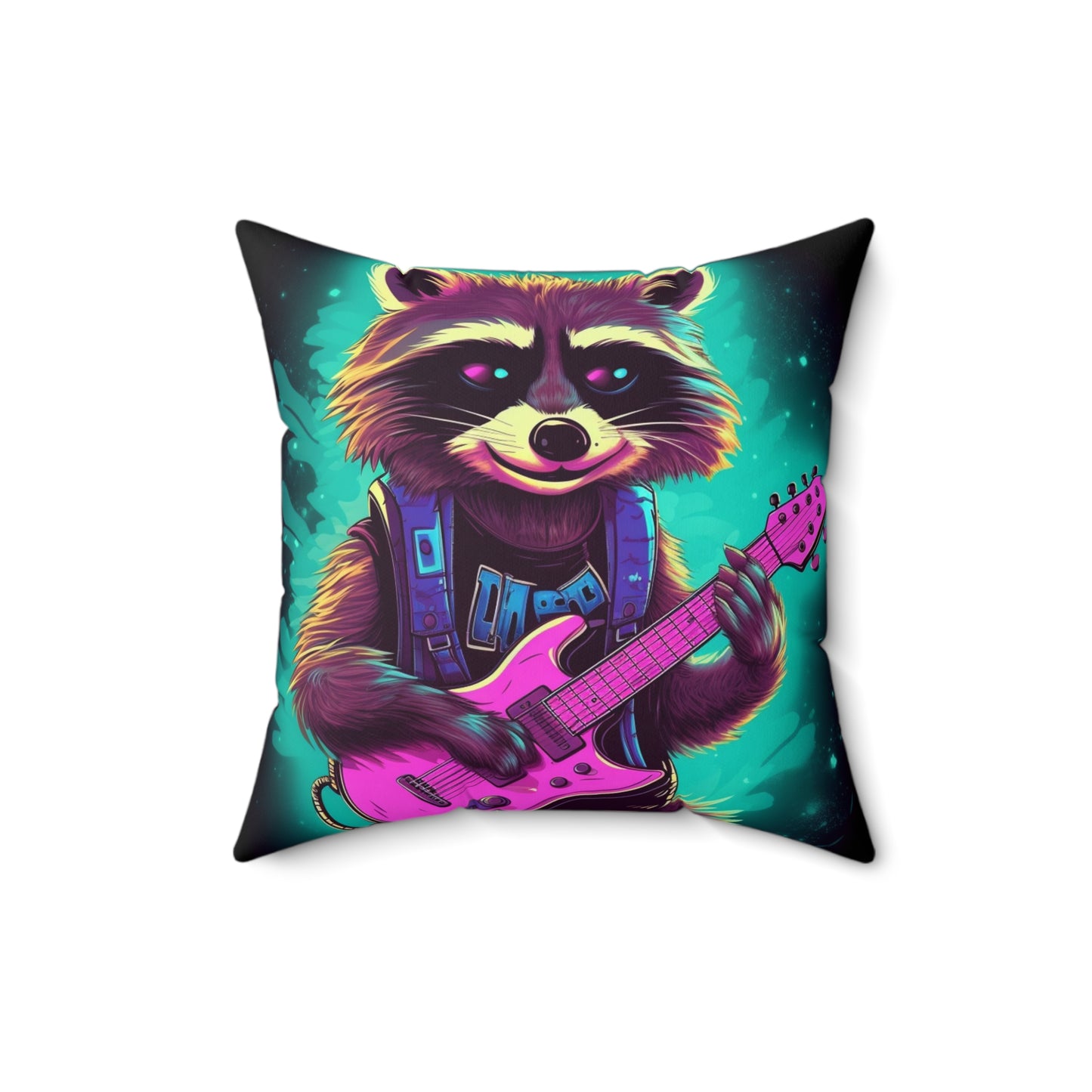 Raccoon Guitar Music Player Furry Animal Rock Star Spun Polyester Square Pillow