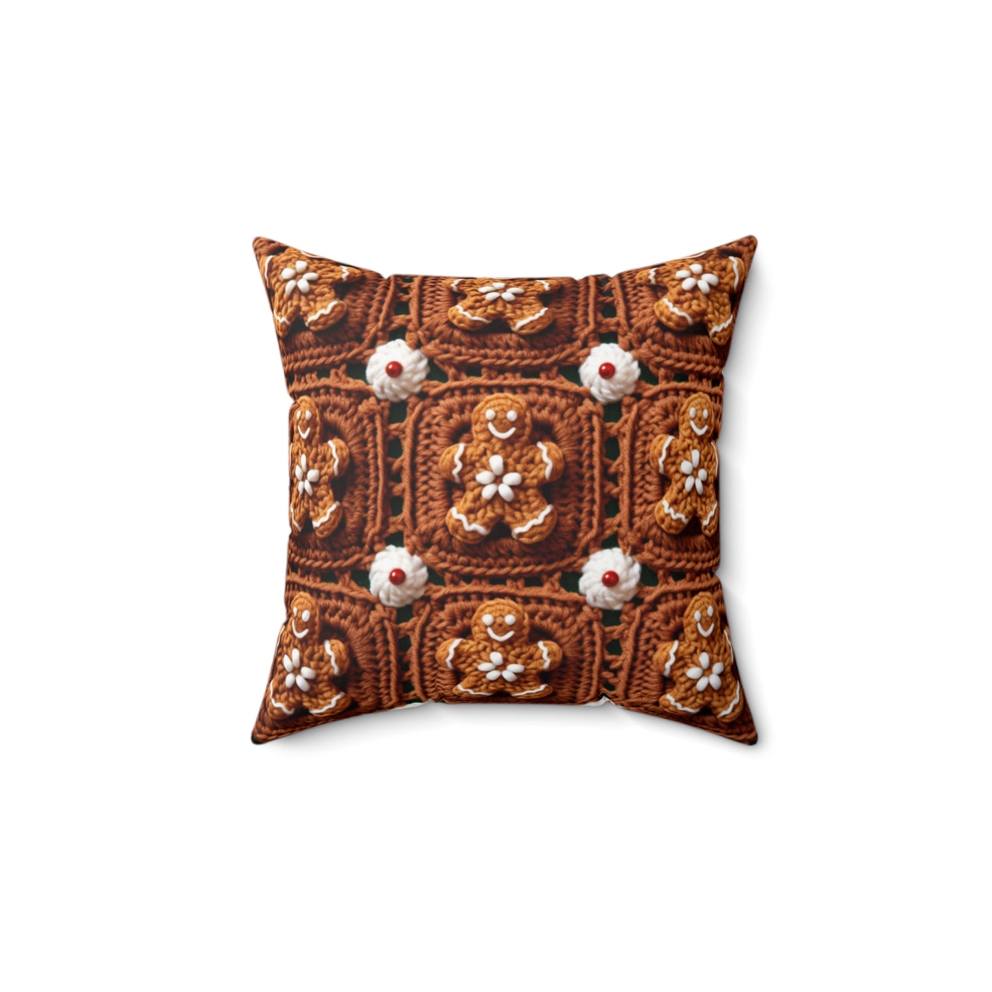 Gingerbread Man Crochet, Classic Christmas Cookie Design, Festive Yuletide Craft. Holiday Decor - Spun Polyester Square Pillow