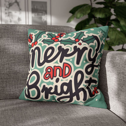 Merry and Bright Christmas Theme Holiday - Spun Polyester Square Pillow Case