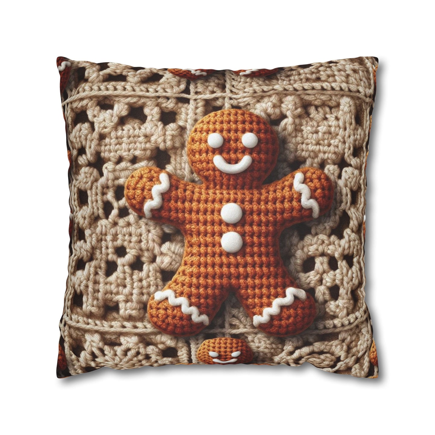 Rustic Gingerbread Delights: Christmas Crochet Gingerbread Men on Classic Beige Granny Squares - Spun Polyester Square Pillow Case