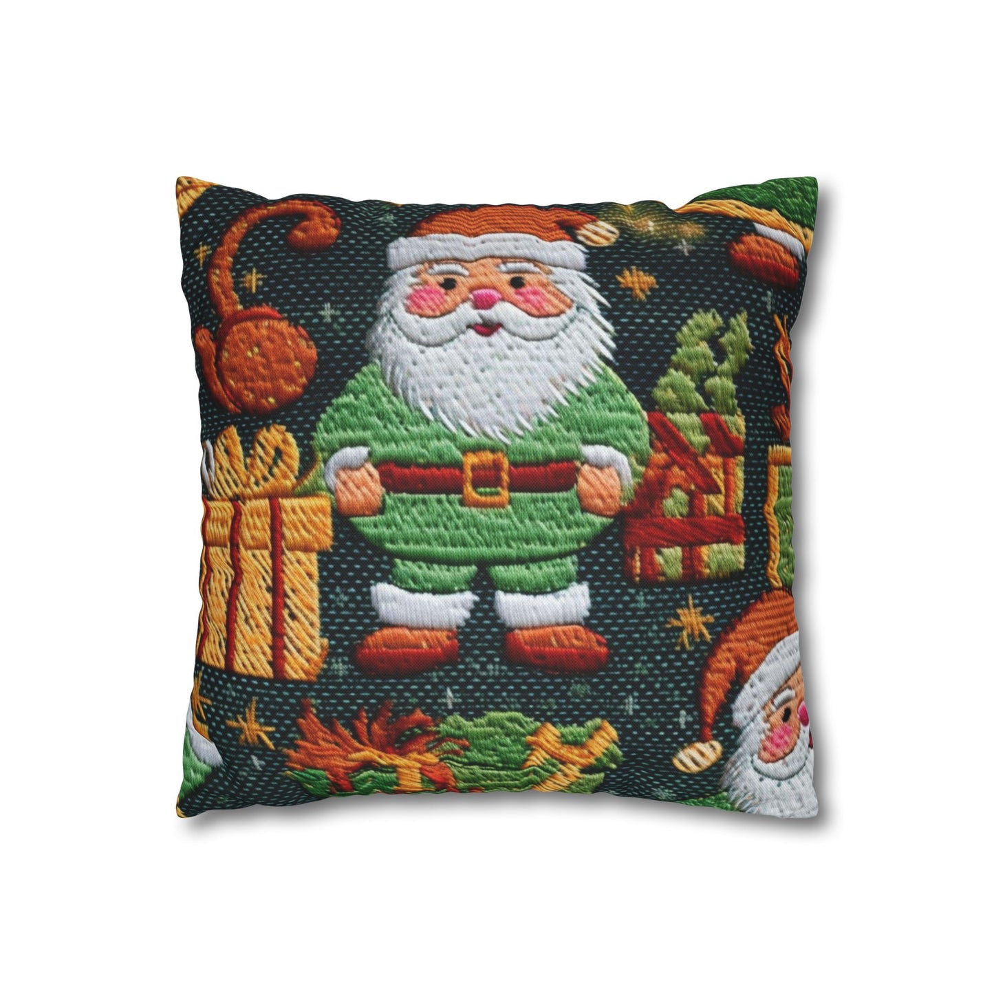 Christmas Santa Claus - Embroidered Presents - Festive Winter Wonderland - Deck the Halls Design - Spun Polyester Square Pillow Case