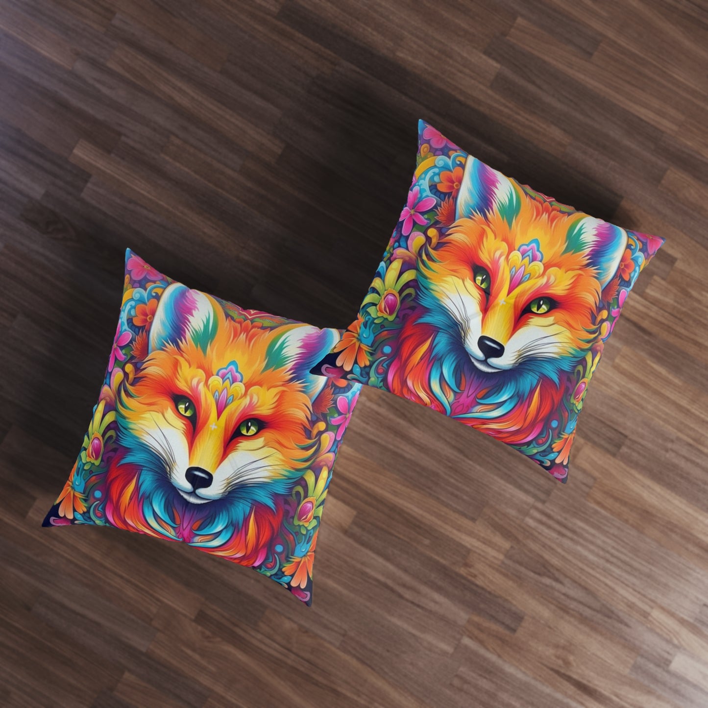 Vibrant & Colorful Fox Design - Unique and Eye-Catching - Tufted Floor Pillow, Square