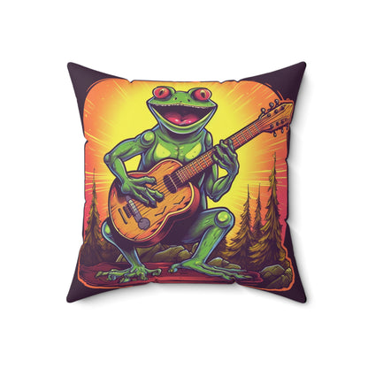 Classic Frog ontop a log Style Guitar Playing Musician Spun Polyester Square Pillow