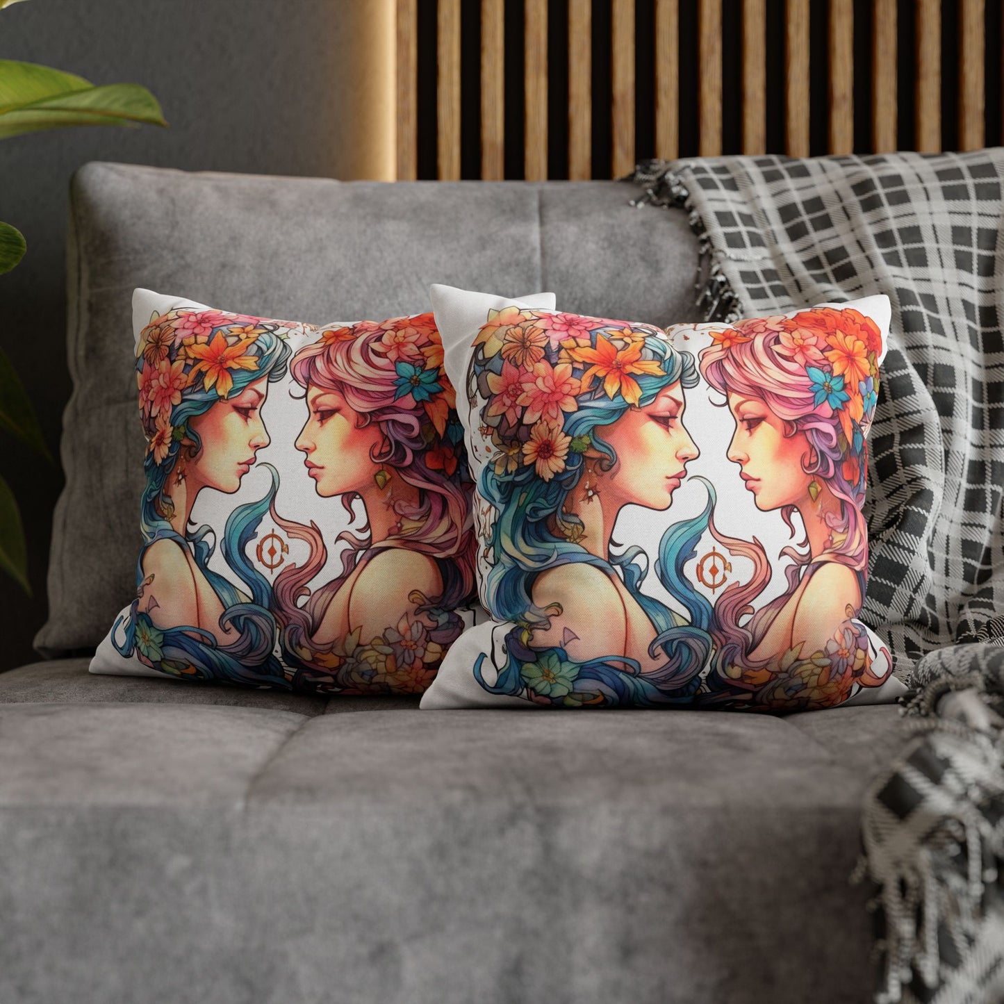 Zodiac Gemini Clipart - Twins Symbol, Whimsical Comic Style - Spun Polyester Square Pillow Case