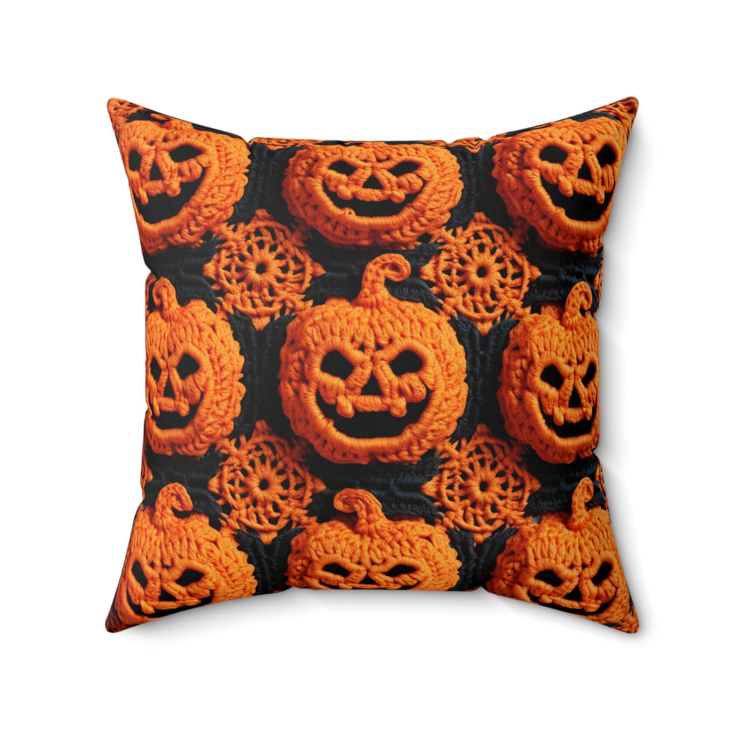 Halloween Crochet Pumpkin Scary Horror Festive Holiday Pattern - Spun Polyester Square Pillow