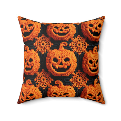 Halloween Crochet Pumpkin Scary Horror Festive Holiday Pattern - Spun Polyester Square Pillow