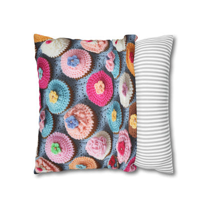 Crochet Cupcake Treat Frosted Cake Dessert Bakery Design - Spun Polyester Square Pillow Case