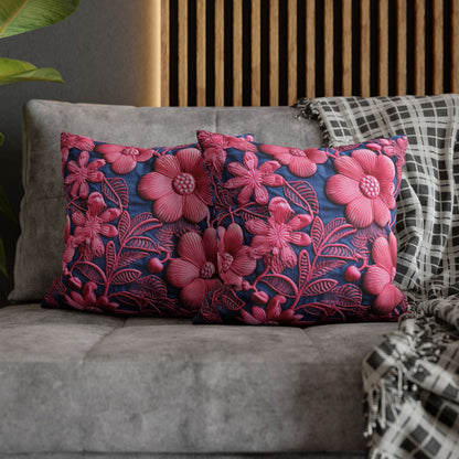 Denim Blue Doll Pink Floral Embroidery Style Fabric Flowers - Spun Polyester Square Pillow Case