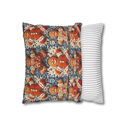 Gingerbread Joy: Whimsical Crocheted Gingerbread Men Pattern with Festive Christmas Accents - Spun Polyester Square Pillow Case