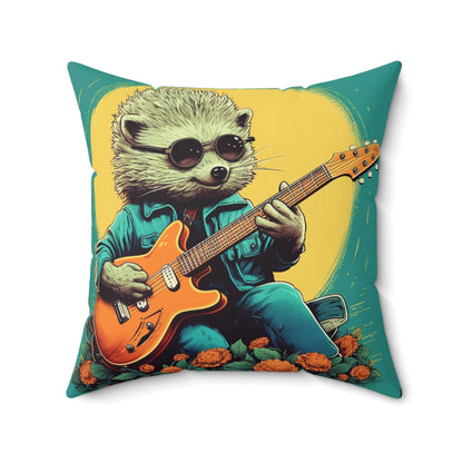 Hedgehog Rock Star Classic Animal Guitarist Graphic Spun Polyester Square Pillow