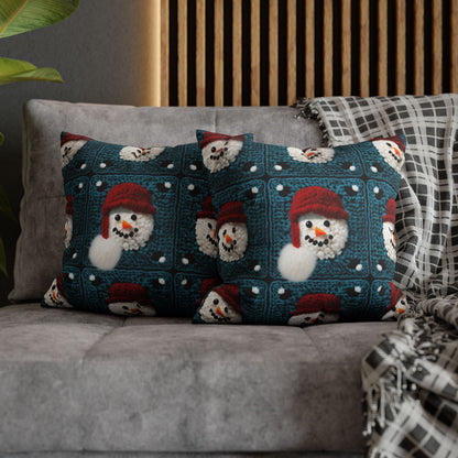 Snowman Crochet Craft, Festive Yuletide Cheer, Winter Wonderland - Spun Polyester Square Pillow Case