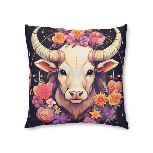 Taurus Zodiac Bull Flower Accents - Astrology Sign - Tufted Floor Pillow, Square