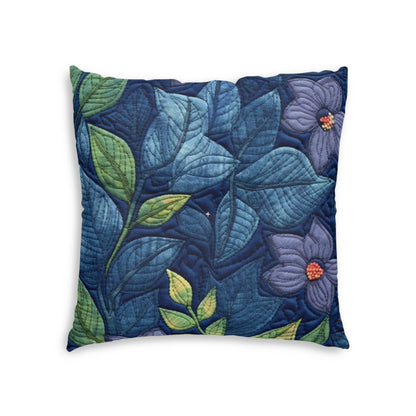 Floral Embroidery Blue: Denim-Inspired, Artisan-Crafted Flower Design - Tufted Floor Pillow, Square