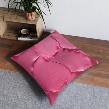 Distressed Neon Pink: Edgy, Ripped Denim-Inspired Doll Fabric - Tufted Floor Pillow, Square