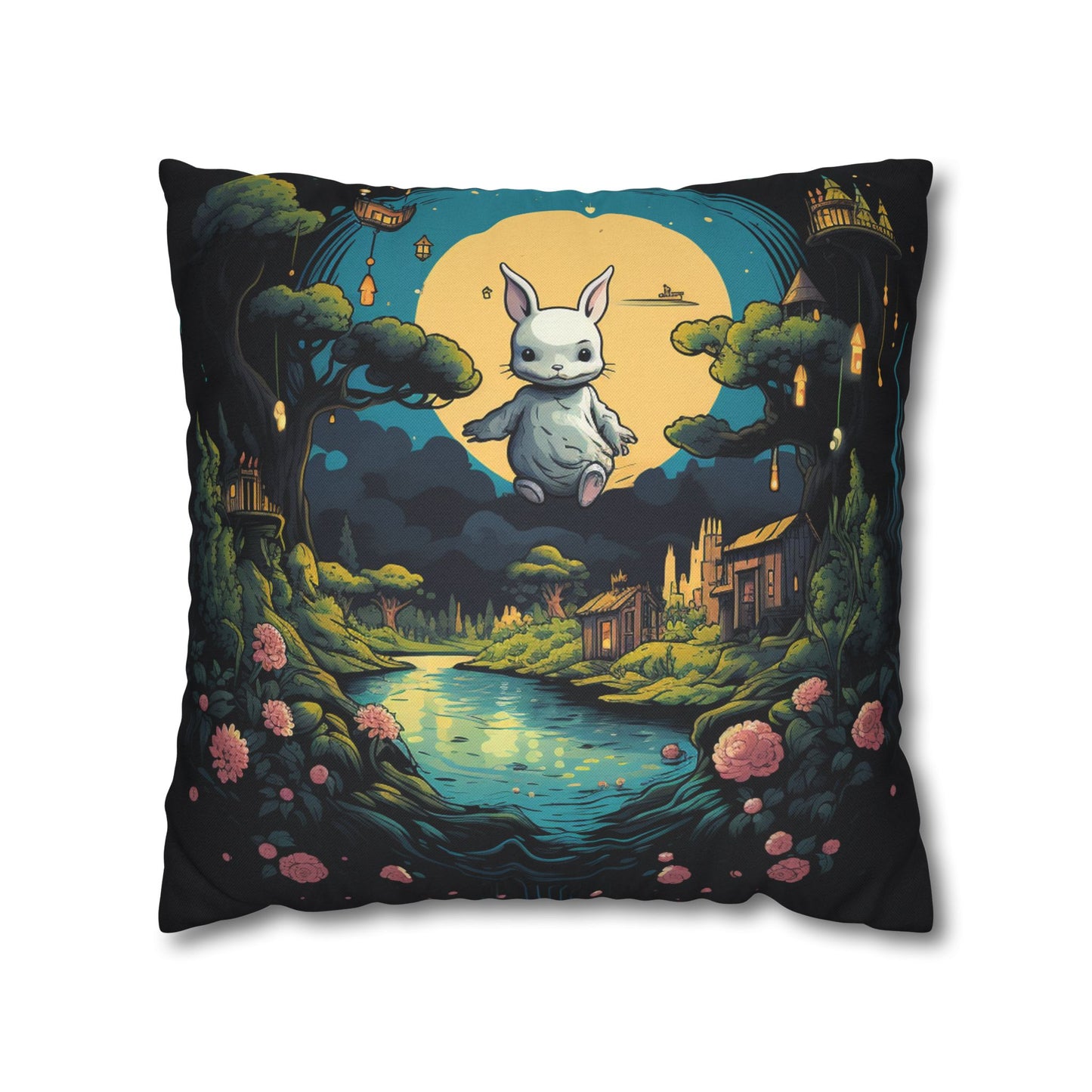 White Rabbit Mystery Psychedelic Fantasy Anime Cartoon Bunny - Spun Polyester Square Pillow Case