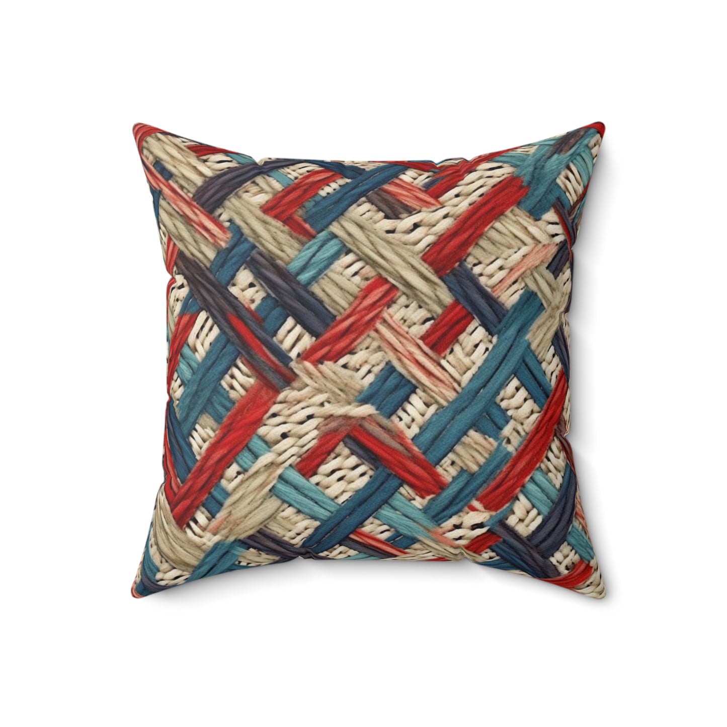 Colorful Yarn Knot: Denim-Inspired Fabric in Red, White, Light Blue - Spun Polyester Square Pillow