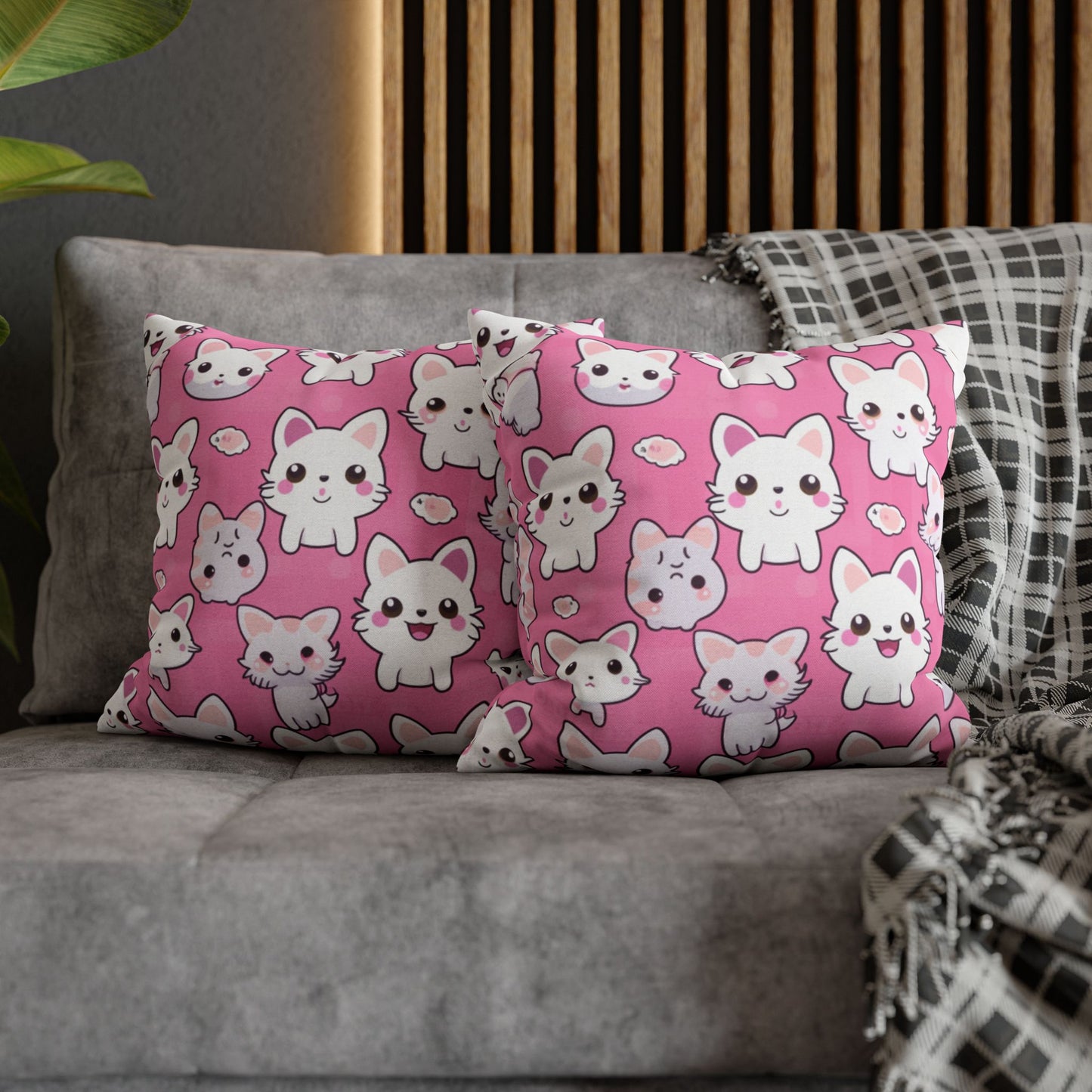 Adorable Cartoon-Style Anime Kitten, Cat, Kitty Pattern - Cute and Colorful - Spun Polyester Square Pillow Case