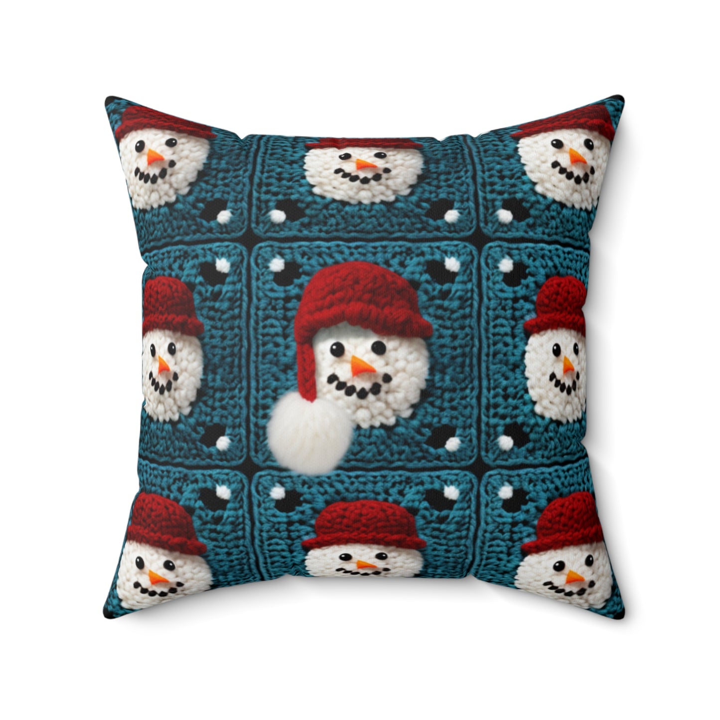 Snowman Crochet Craft, Festive Yuletide Cheer, Winter Wonderland - Spun Polyester Square Pillow