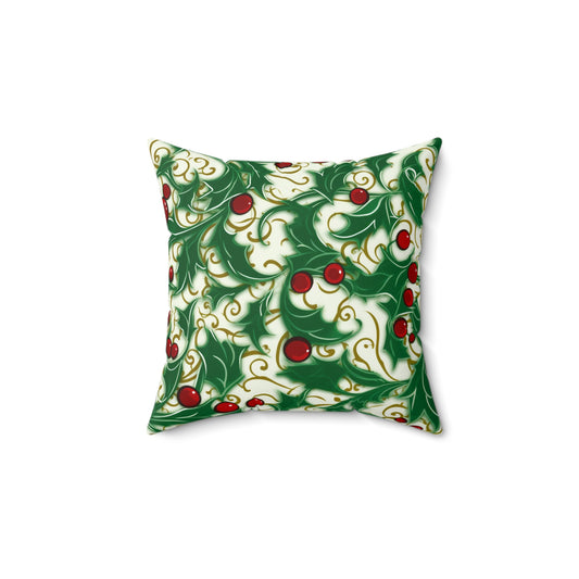 Holiday Elegance: Christmas Holly Swirls Design - Spun Polyester Square Pillow