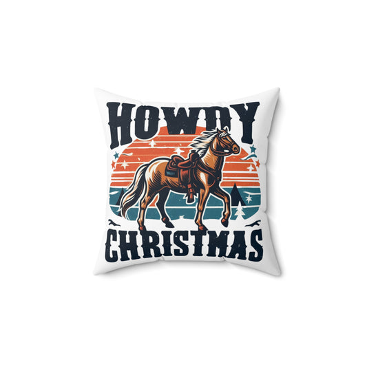 Retro Western Christmas - Howdy Christmas with Patriotic Horse and Star Banner - Spun Polyester Square Pillow