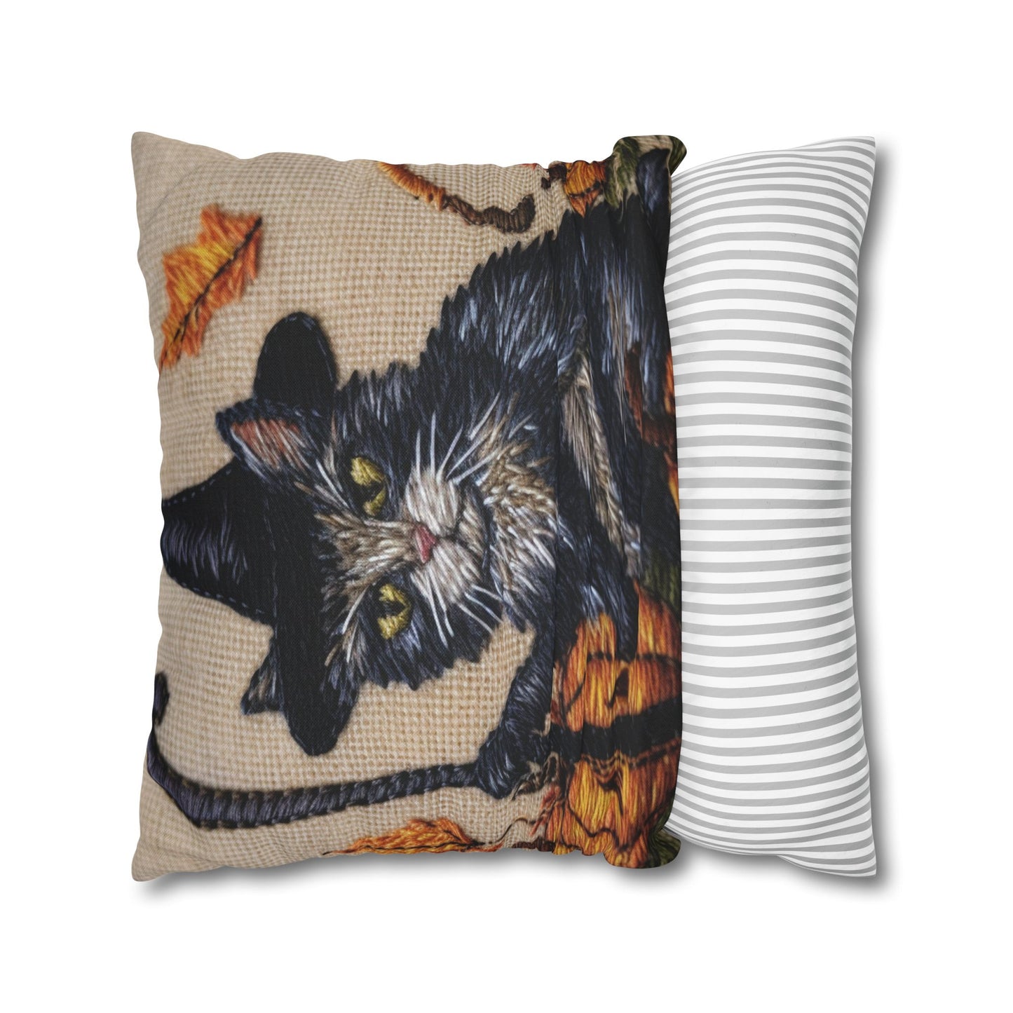 Halloween Cat Magic: Embroidered Style Feline with Pumpkins & Witch Hat - Spun Polyester Square Pillow Case