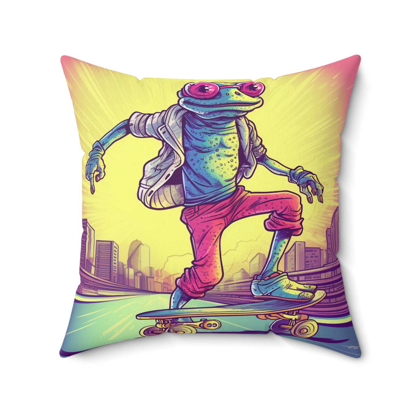 City Frog Skate Board Rider Playful Fun Anime Graphic Spun Polyester Square Pillow