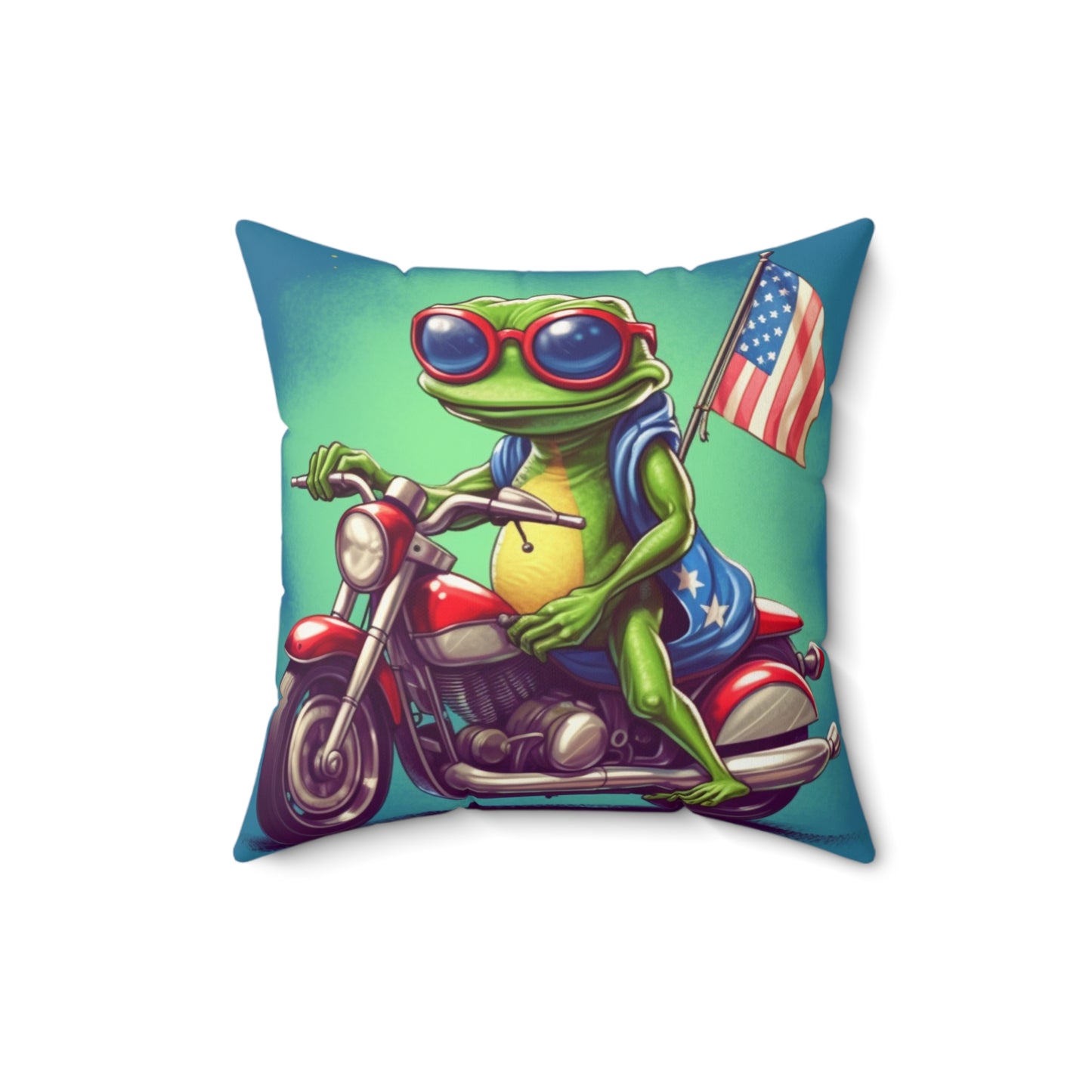 Frog Cartoon Anime USA Patriotic Motorcycle Rider Graphic Spun Polyester Square Pillow