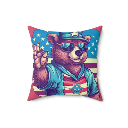 American Bear USA Flag Patriotic 4th of July Style Spun Polyester Square Pillow