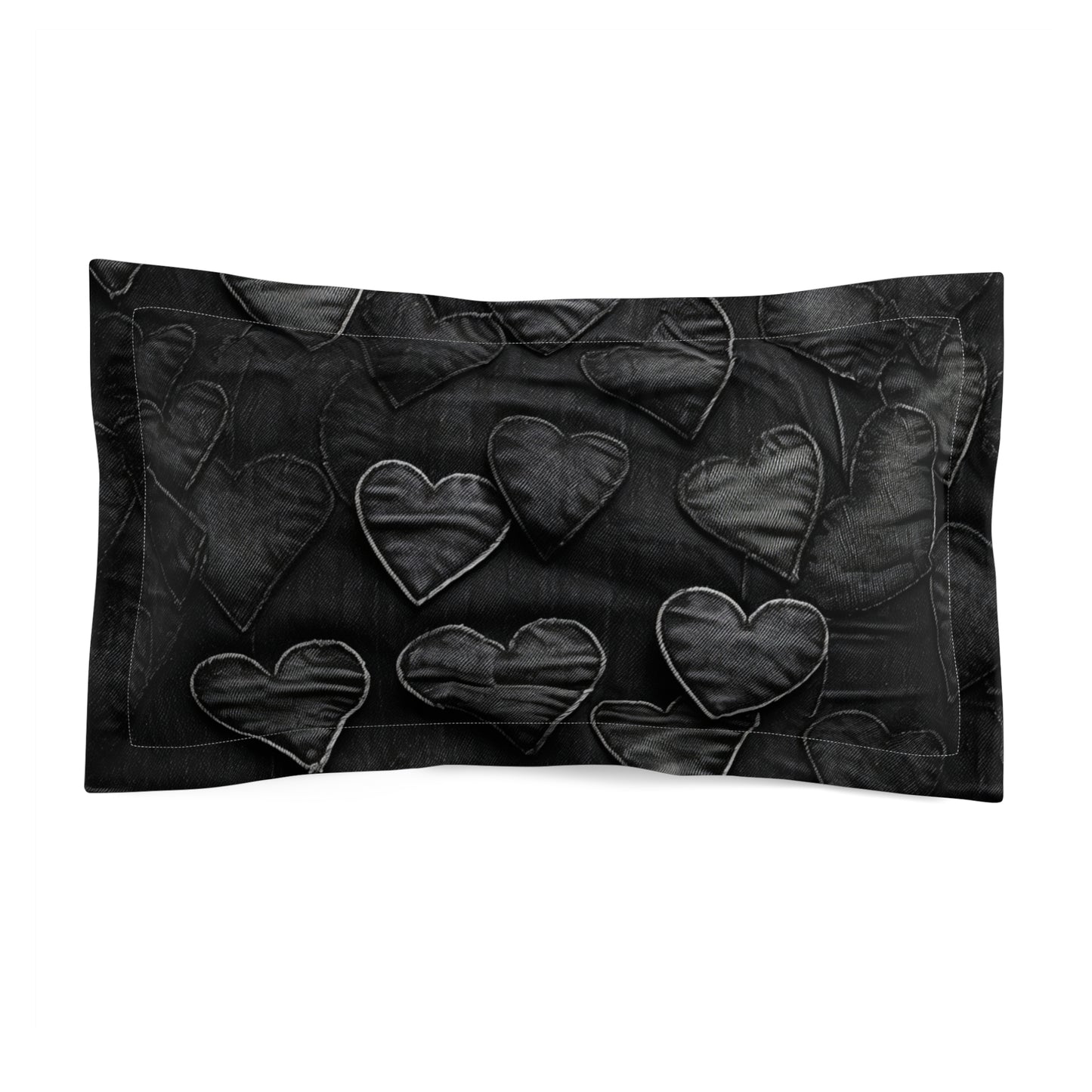 Black: Distressed Denim-Inspired Fabric Heart Embroidery Design - Microfiber Pillow Sham