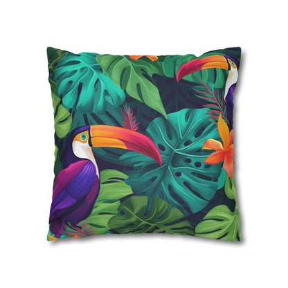 Vivid Tropical Birds & Leaves - Seamless Pattern Spun Polyester Square Pillow Case