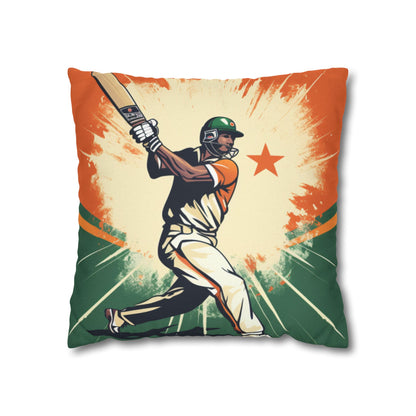 India Cricket Star: Batsman With Willow Bat, National Flag Style - Sport Game - Spun Polyester Square Pillow Case