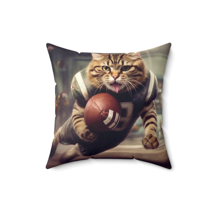 Football Field Felines: Kitty Cats in Sport Tackling Scoring Game Position - Spun Polyester Square Pillow