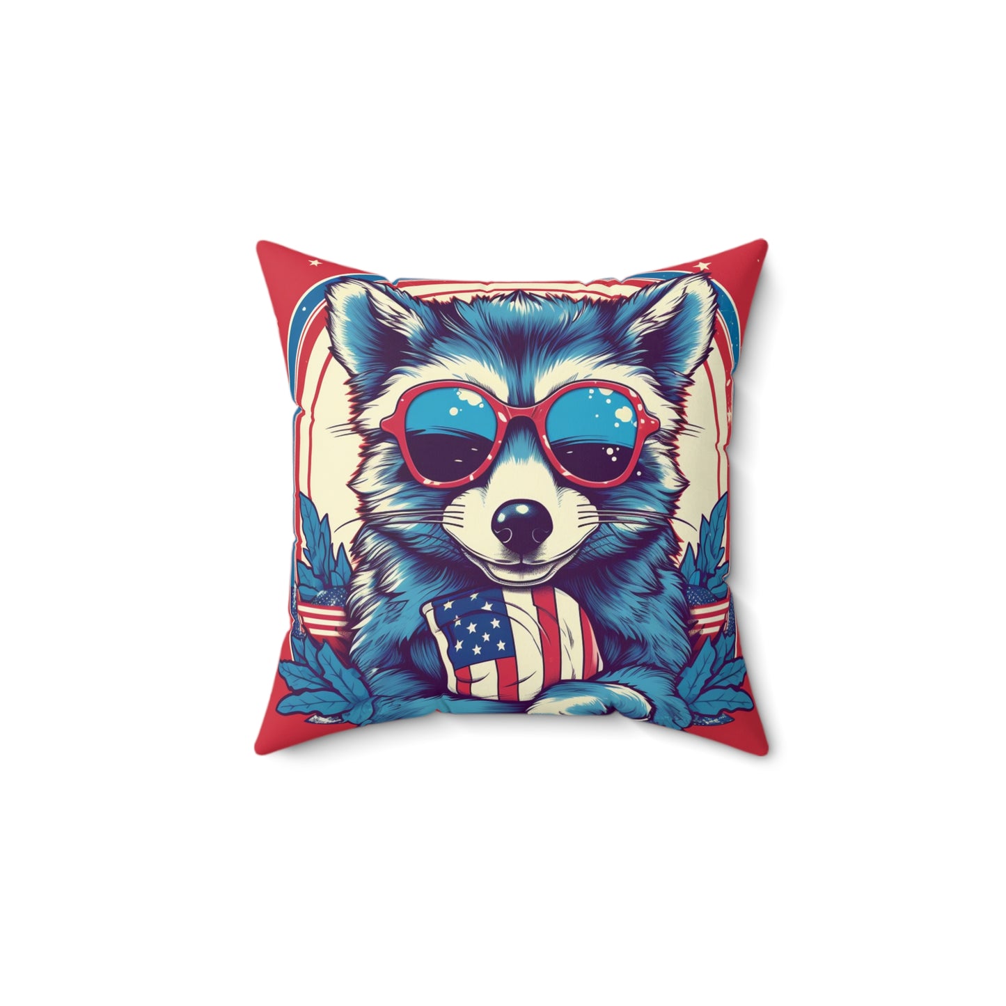 4th of July Stylish Raccoon USA American Graphic Spun Polyester Square Pillow