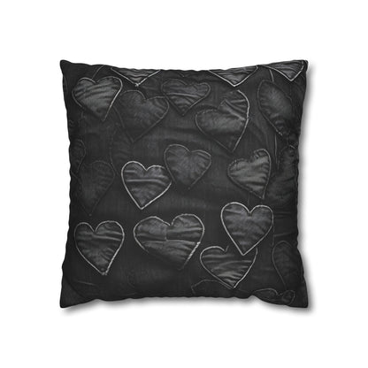 Black: Distressed Denim-Inspired Fabric Heart Embroidery Design - Spun Polyester Square Pillow Case