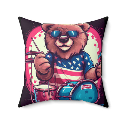 Drumroll for Freedom: Celebrate 4th of July with the Patriotic Bear's Rhythms Spun Polyester Square Pillow