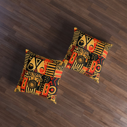 Tribal Art-Inspired Abstract Symbols, Heritage - Tufted Floor Pillow, Square