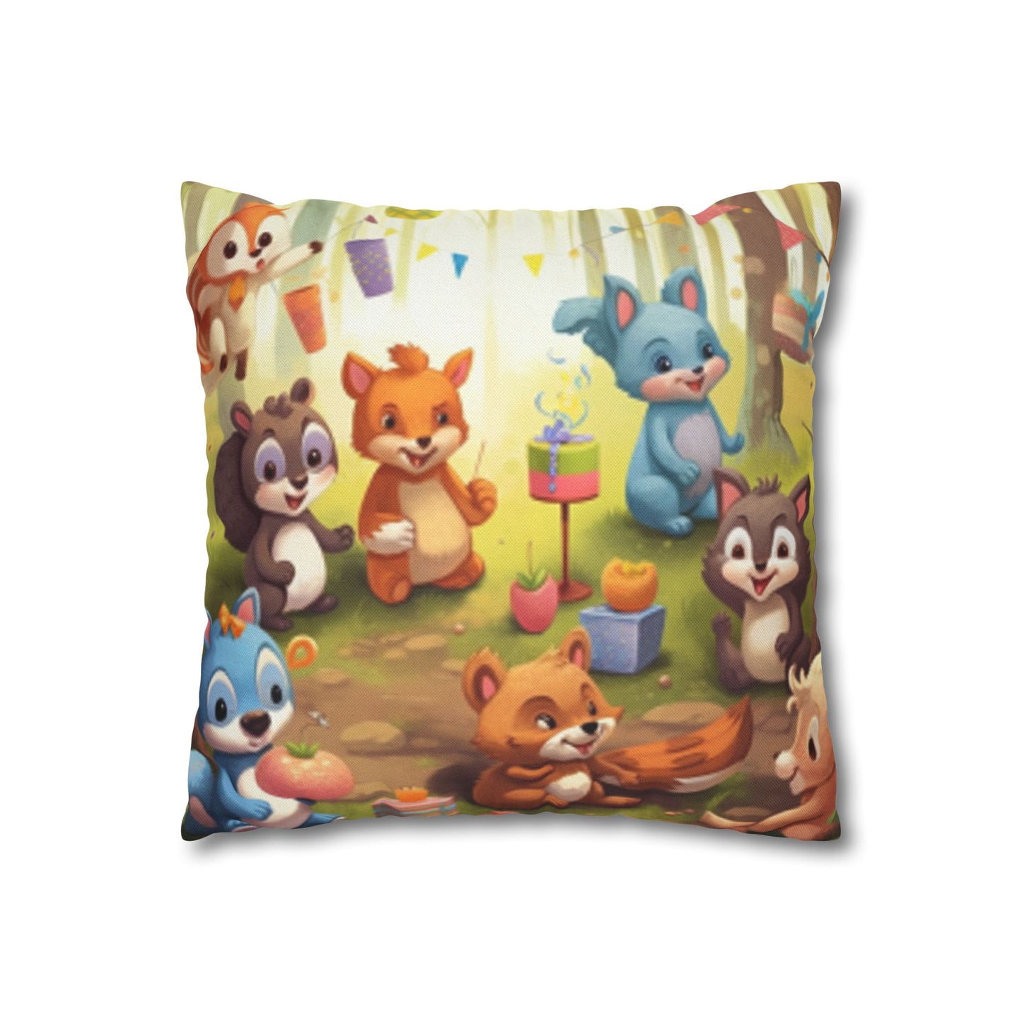 Nursery Art - Cartoon Forest Animals Party Design Spun Polyester Square Pillow Case